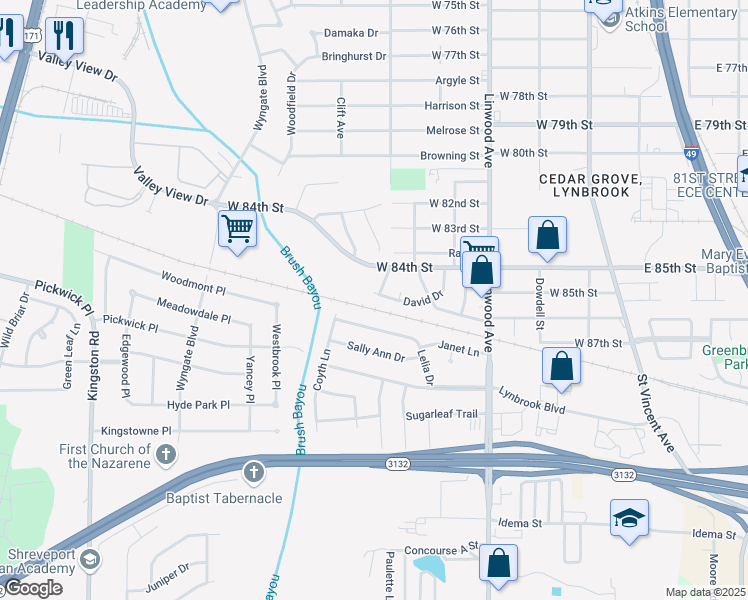 map of restaurants, bars, coffee shops, grocery stores, and more near 8417 Wallace Avenue in Shreveport