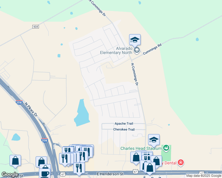 map of restaurants, bars, coffee shops, grocery stores, and more near 115 Cimmaron Court in Alvarado