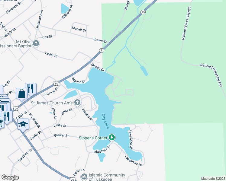 map of restaurants, bars, coffee shops, grocery stores, and more near County Hospital in Tuskegee