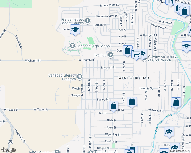 map of restaurants, bars, coffee shops, grocery stores, and more near 603 North 10th Street in Carlsbad