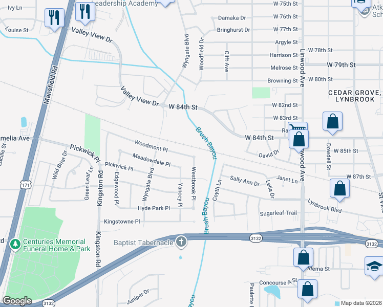 map of restaurants, bars, coffee shops, grocery stores, and more near 609 Woodmont Place in Shreveport