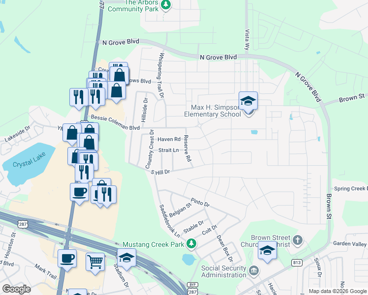 map of restaurants, bars, coffee shops, grocery stores, and more near 469 Strait Lane in Waxahachie
