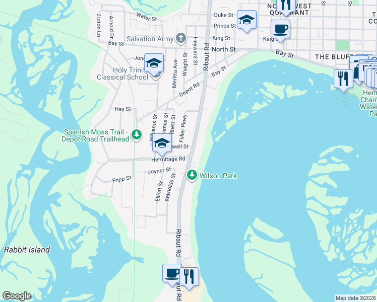 map of restaurants, bars, coffee shops, grocery stores, and more near 2303 Barnwell Street in Beaufort