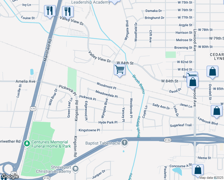 map of restaurants, bars, coffee shops, grocery stores, and more near 701 Woodmont Place in Shreveport
