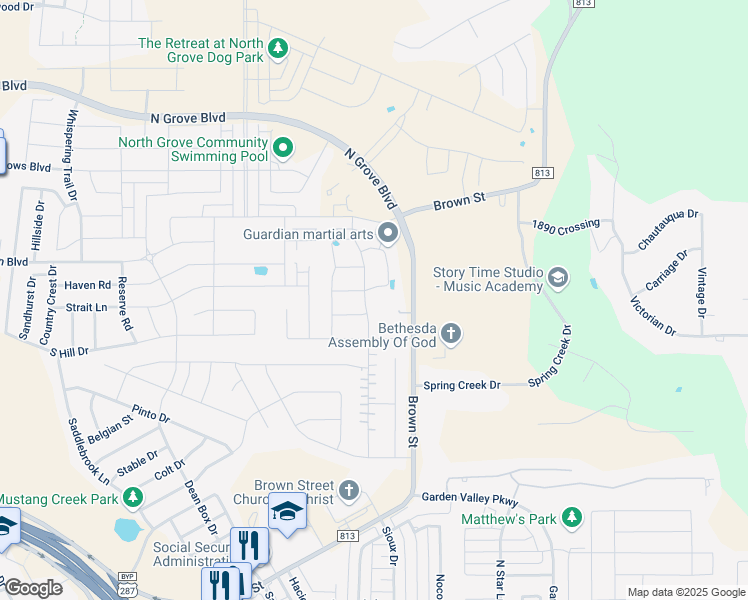 map of restaurants, bars, coffee shops, grocery stores, and more near 616 Truman Street in Waxahachie