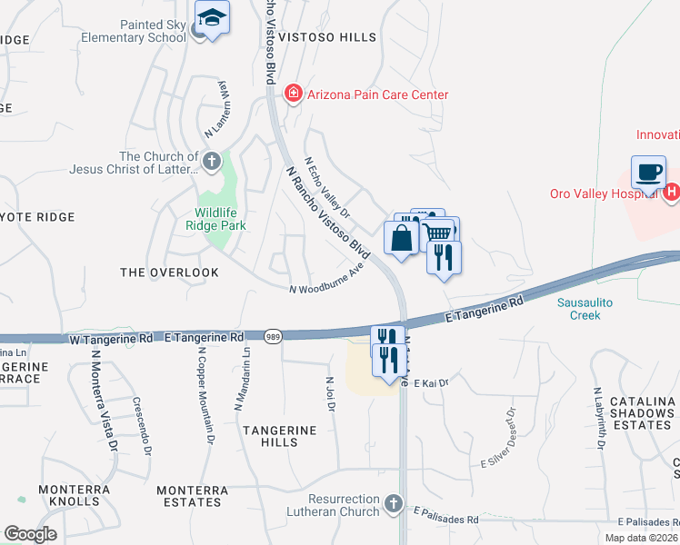 map of restaurants, bars, coffee shops, grocery stores, and more near 12173 North Legacy Place in Oro Valley