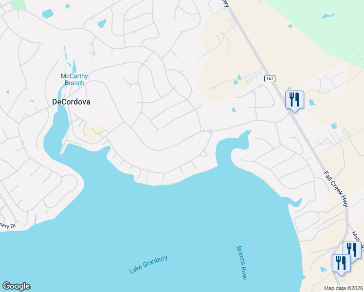 map of restaurants, bars, coffee shops, grocery stores, and more near 3916 Fairway Drive in Granbury