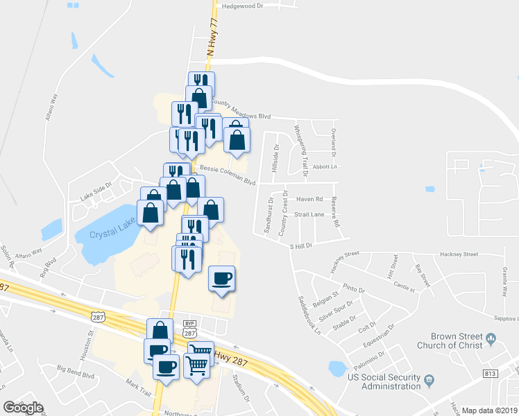map of restaurants, bars, coffee shops, grocery stores, and more near 1578 Wildflower Drive in Waxahachie