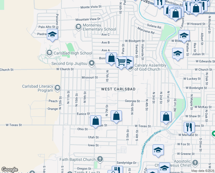 map of restaurants, bars, coffee shops, grocery stores, and more near 2401-2403 Vermont Street in Carlsbad