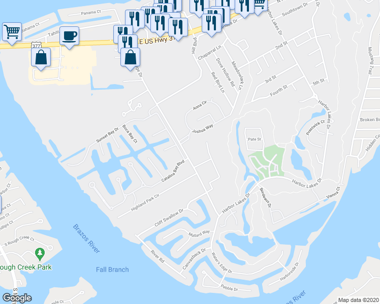 map of restaurants, bars, coffee shops, grocery stores, and more near 1709 Waters Edge Drive in Granbury