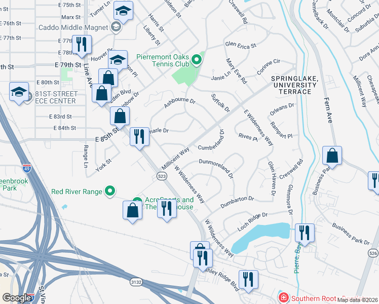 map of restaurants, bars, coffee shops, grocery stores, and more near 621 Millicent Way in Shreveport