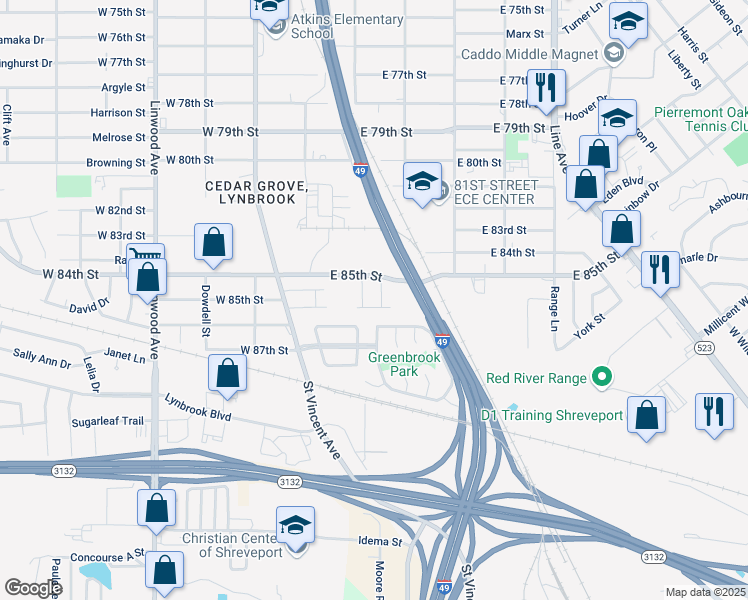 map of restaurants, bars, coffee shops, grocery stores, and more near 15 Mackenzie Street in Shreveport