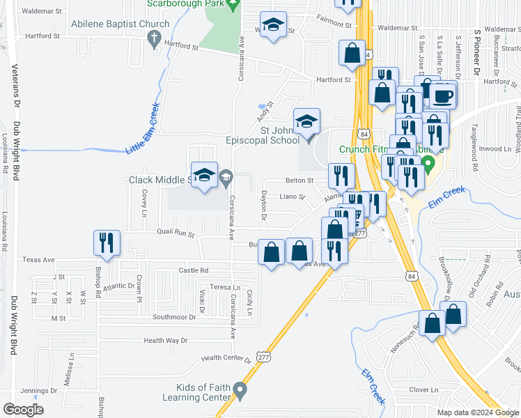 map of restaurants, bars, coffee shops, grocery stores, and more near 1834 Dayton Drive in Abilene