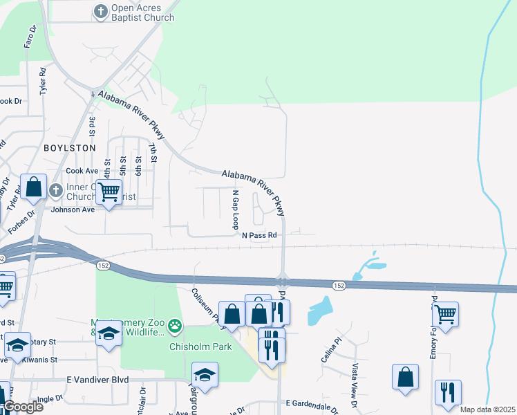map of restaurants, bars, coffee shops, grocery stores, and more near 2450 Chase Park Drive in Montgomery