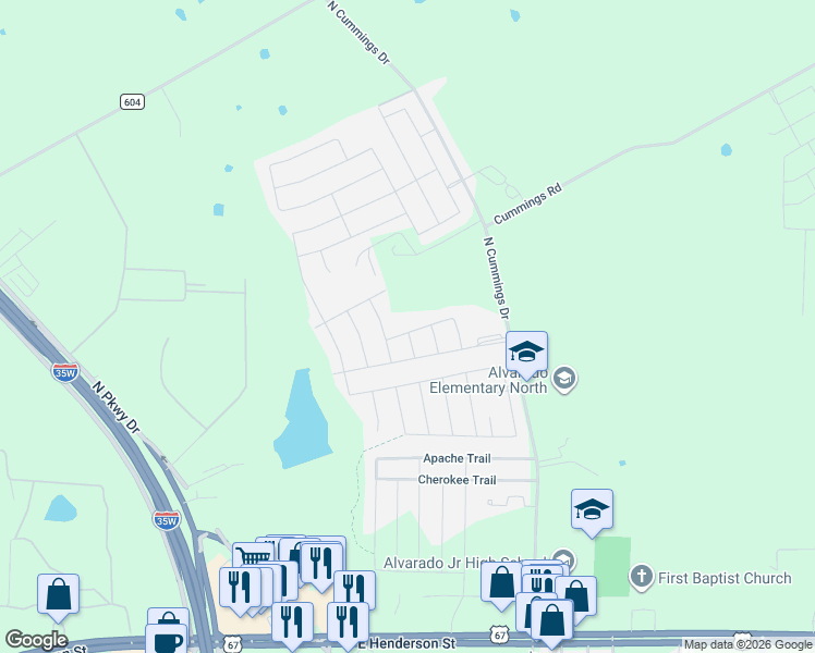map of restaurants, bars, coffee shops, grocery stores, and more near 308 Limestone Drive in Alvarado