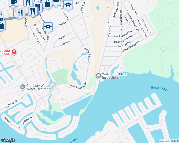 map of restaurants, bars, coffee shops, grocery stores, and more near 1601 Harbor Lakes Drive in Granbury