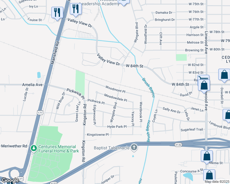 map of restaurants, bars, coffee shops, grocery stores, and more near 701 Woodmont Place in Shreveport