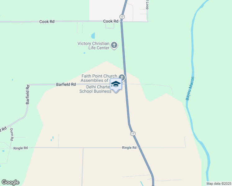 map of restaurants, bars, coffee shops, grocery stores, and more near 6940 Louisiana 17 in Delhi