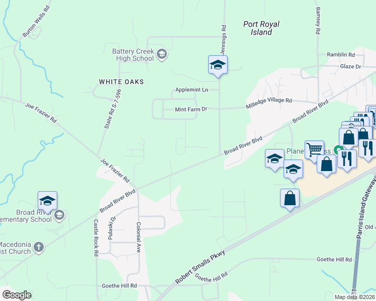 map of restaurants, bars, coffee shops, grocery stores, and more near 23 Spearmint Circle in Beaufort
