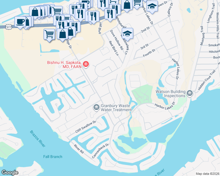 map of restaurants, bars, coffee shops, grocery stores, and more near 1404 Joshua Way in Granbury