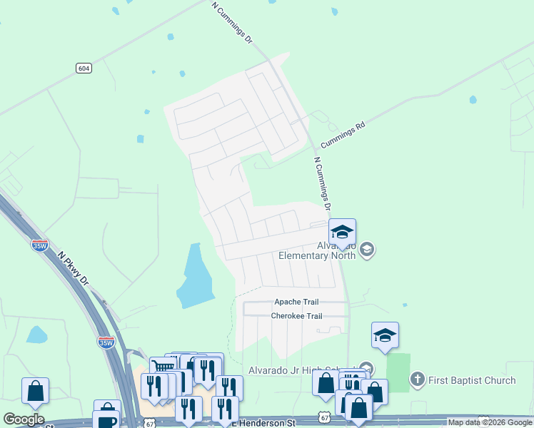 map of restaurants, bars, coffee shops, grocery stores, and more near 308 Limestone Drive in Alvarado