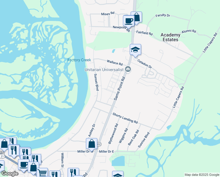 map of restaurants, bars, coffee shops, grocery stores, and more near 3730 Sage Drive in Beaufort