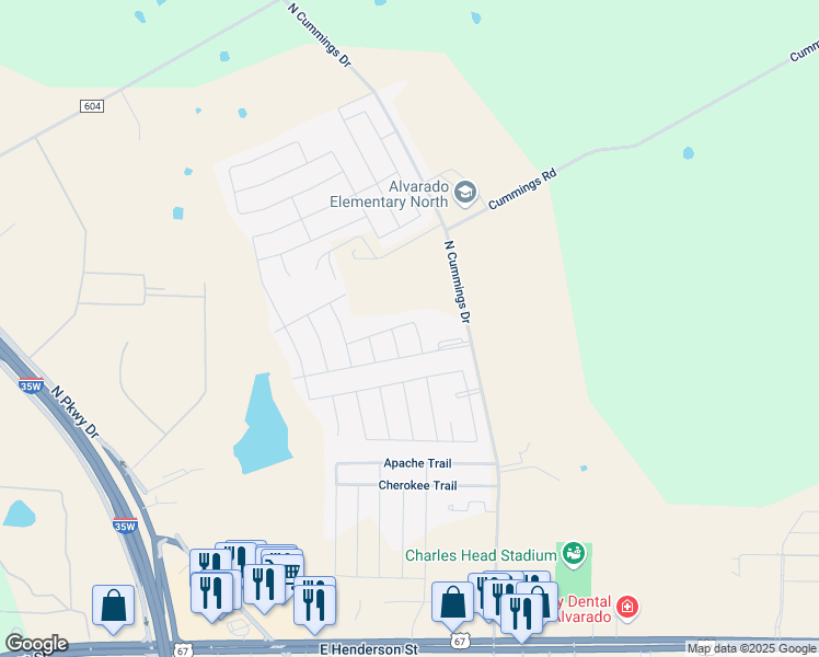map of restaurants, bars, coffee shops, grocery stores, and more near 202 Limestone Drive in Alvarado