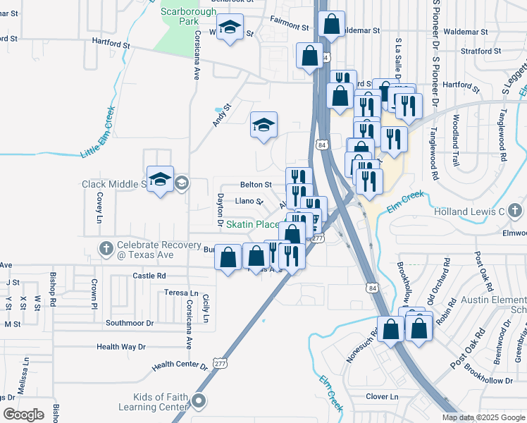map of restaurants, bars, coffee shops, grocery stores, and more near 5209 Llano Street in Abilene
