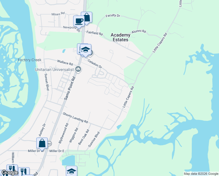 map of restaurants, bars, coffee shops, grocery stores, and more near 56 Big Ben Lane in Beaufort