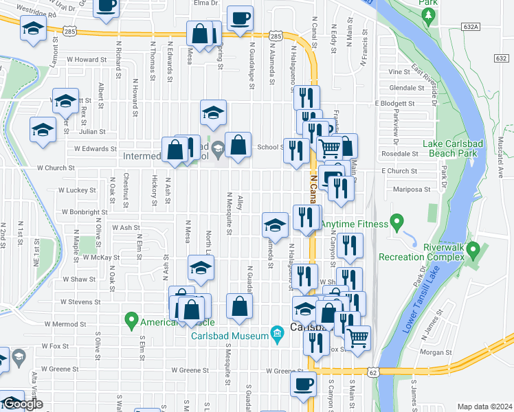 map of restaurants, bars, coffee shops, grocery stores, and more near 609 North Alameda Street in Carlsbad