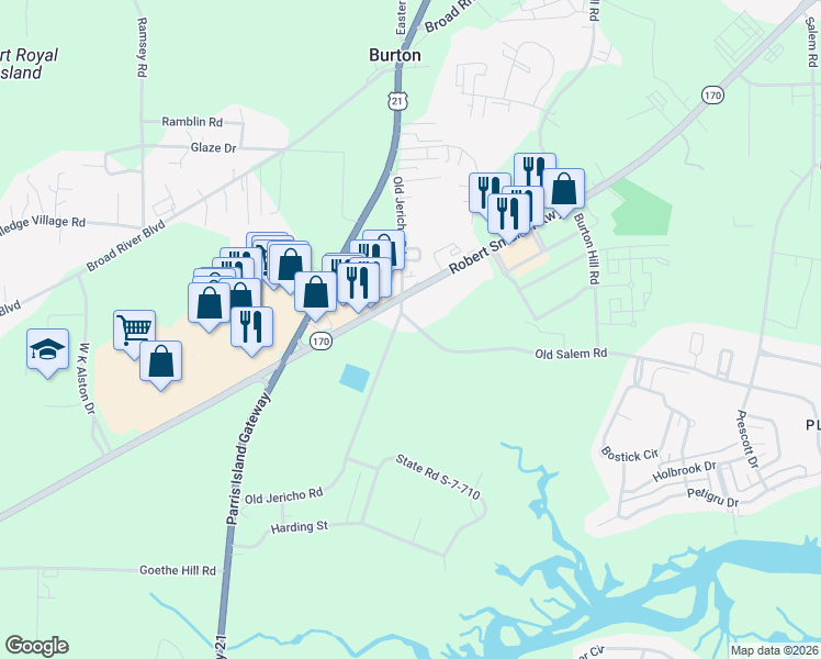 map of restaurants, bars, coffee shops, grocery stores, and more near 68-74 Old Jericho Road in Beaufort