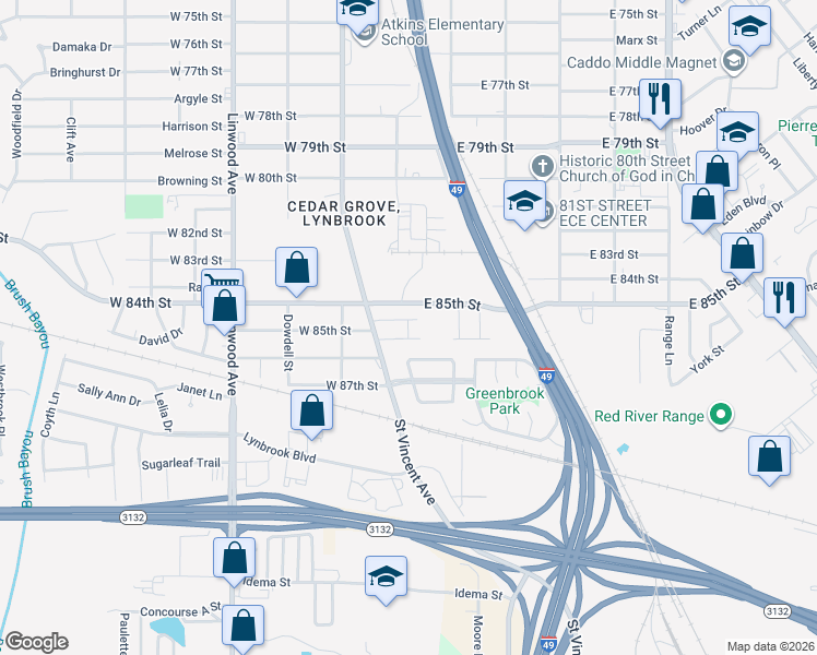 map of restaurants, bars, coffee shops, grocery stores, and more near 104 Trent Trail in Shreveport