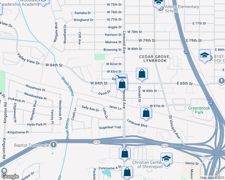 map of restaurants, bars, coffee shops, grocery stores, and more near 8413 David Drive in Shreveport