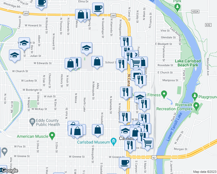 map of restaurants, bars, coffee shops, grocery stores, and more near 605 North Alameda Street in Carlsbad