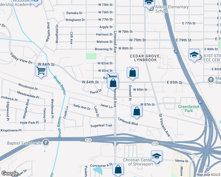 map of restaurants, bars, coffee shops, grocery stores, and more near 8400 Linwood Avenue in Shreveport