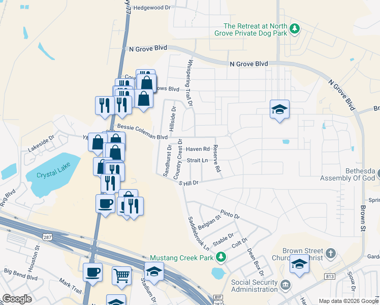 map of restaurants, bars, coffee shops, grocery stores, and more near 309 Haven Road in Waxahachie