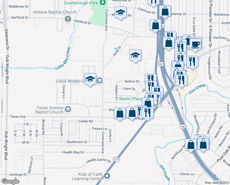 map of restaurants, bars, coffee shops, grocery stores, and more near 1818 Dayton Drive in Abilene
