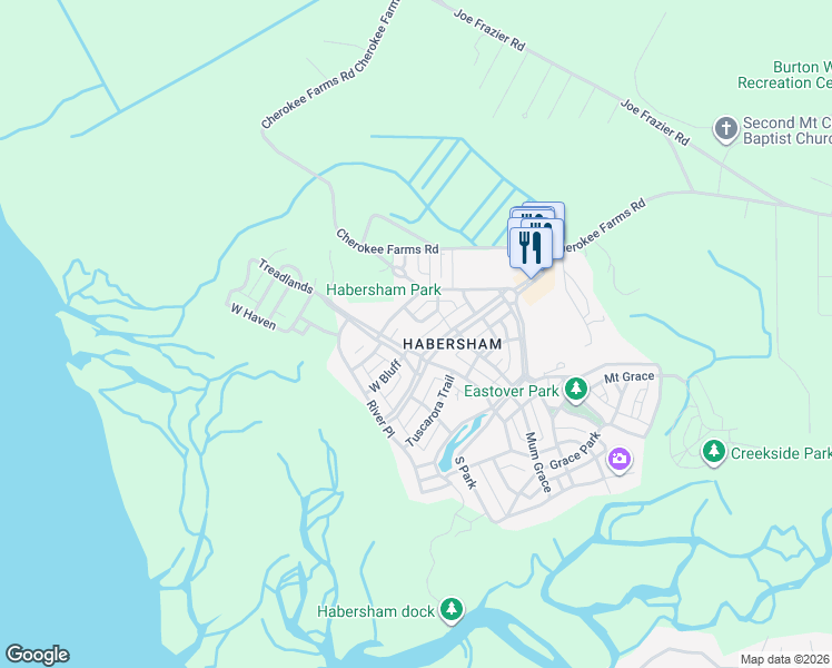 map of restaurants, bars, coffee shops, grocery stores, and more near 6 Park Bend in Beaufort