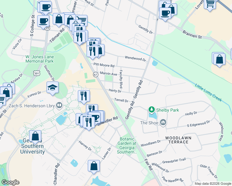 map of restaurants, bars, coffee shops, grocery stores, and more near 107 Herty Drive in Statesboro