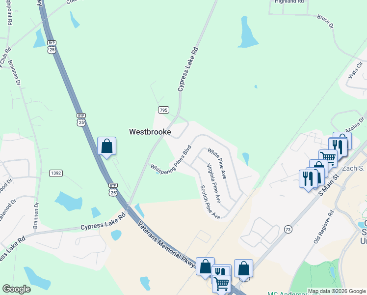 map of restaurants, bars, coffee shops, grocery stores, and more near 9013 Whispering Pines Boulevard in Statesboro