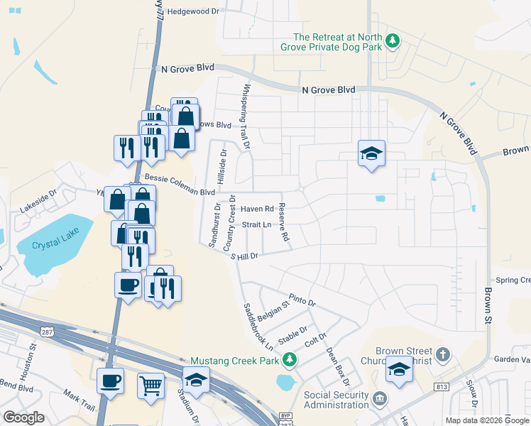 map of restaurants, bars, coffee shops, grocery stores, and more near 336 Haven Road in Waxahachie