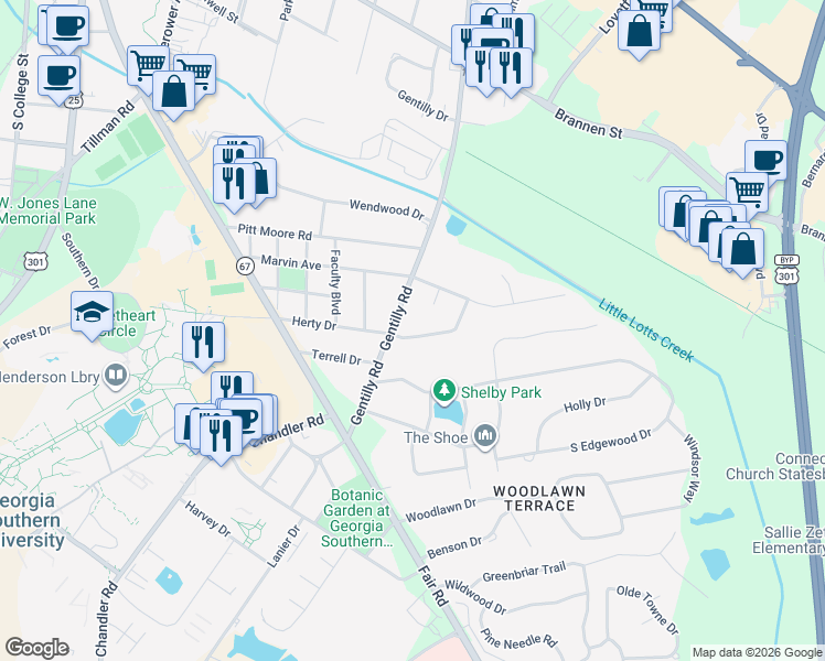 map of restaurants, bars, coffee shops, grocery stores, and more near 218 John Paul Avenue in Statesboro