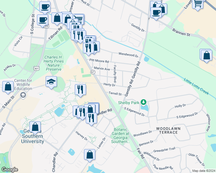 map of restaurants, bars, coffee shops, grocery stores, and more near 105 Herty Drive in Statesboro
