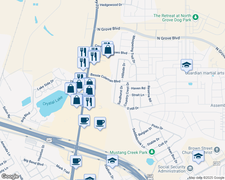 map of restaurants, bars, coffee shops, grocery stores, and more near 1581 Wildflower Drive in Waxahachie