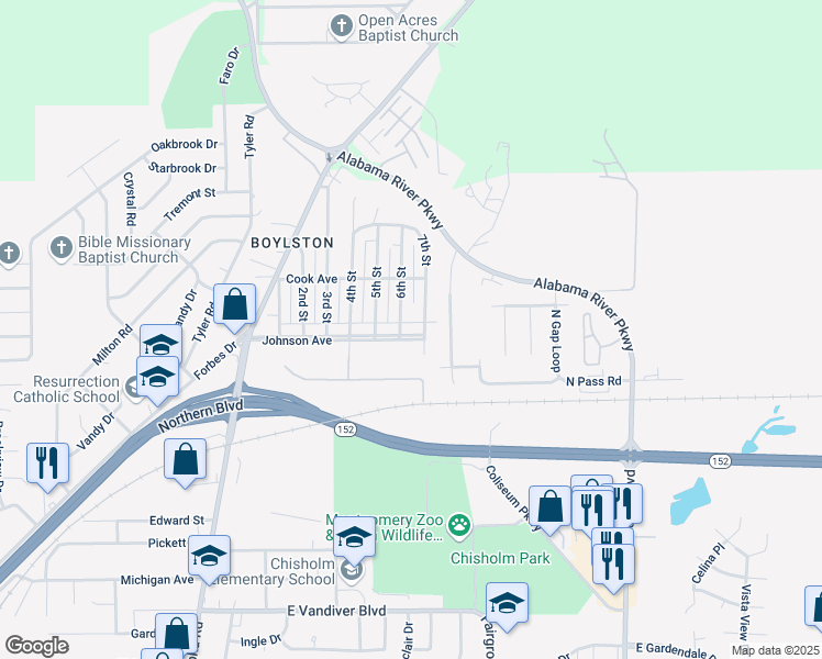 map of restaurants, bars, coffee shops, grocery stores, and more near 20 Johnson Avenue in Montgomery