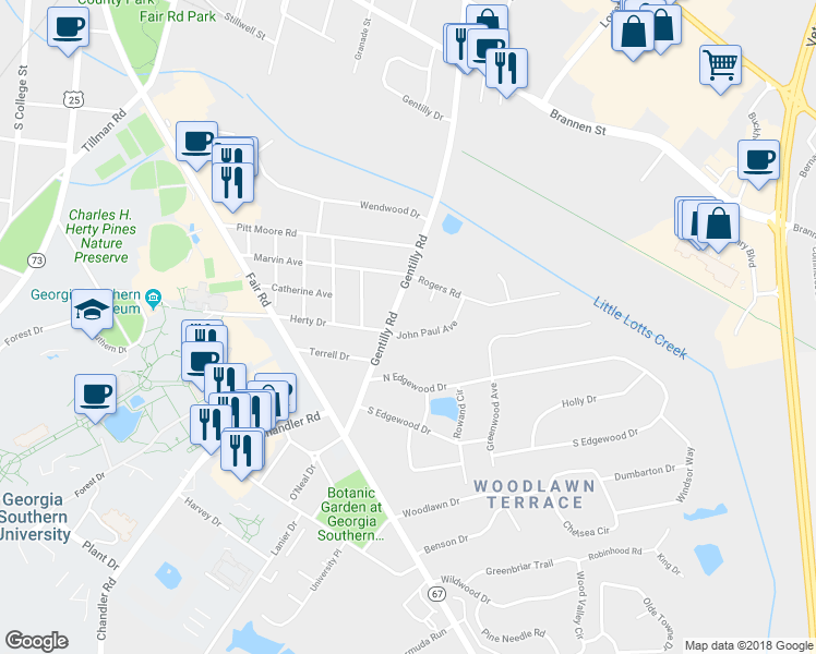 map of restaurants, bars, coffee shops, grocery stores, and more near 218 John Paul Avenue in Statesboro