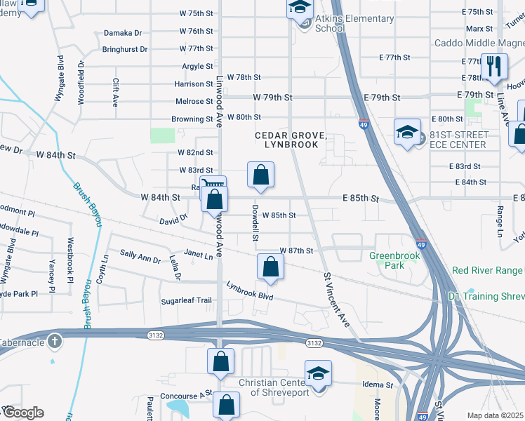 map of restaurants, bars, coffee shops, grocery stores, and more near 246 West 85th Street in Shreveport
