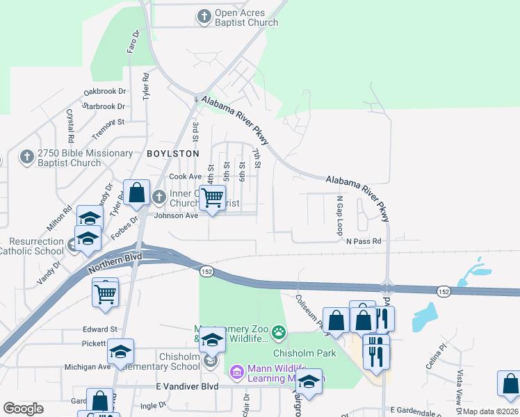 map of restaurants, bars, coffee shops, grocery stores, and more near 20 Johnson Avenue in Montgomery