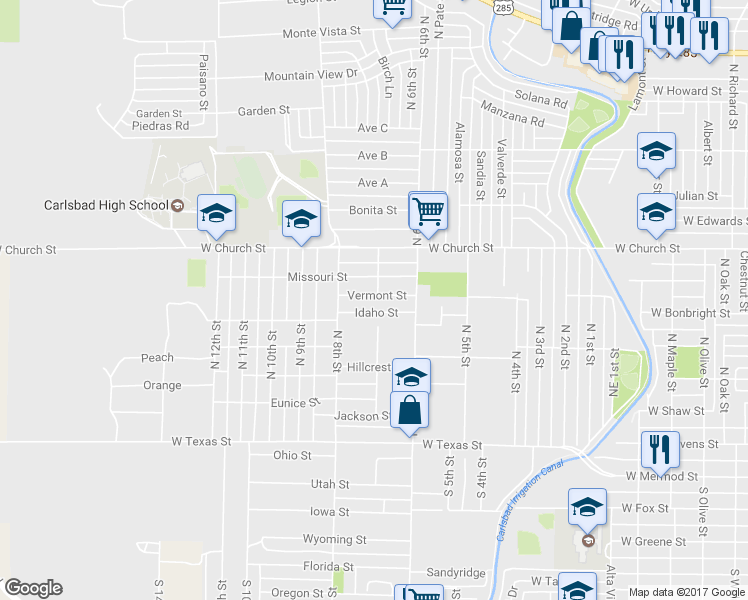 map of restaurants, bars, coffee shops, grocery stores, and more near 2401 Vermont Street in Carlsbad
