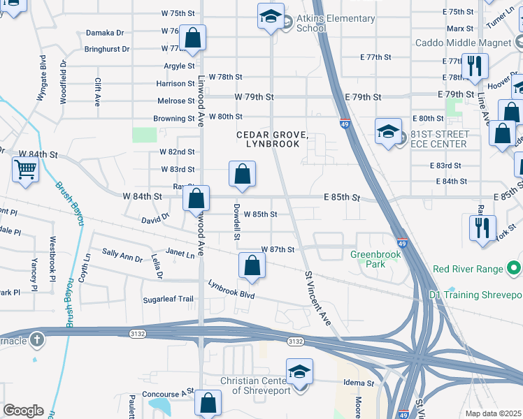 map of restaurants, bars, coffee shops, grocery stores, and more near 204 West 84th Street in Shreveport